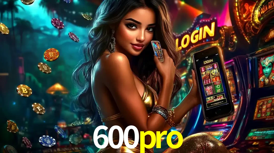 Mulher em um cenário de cassino temático de aventura, mostrando o app de caça-níqueis da 600pro no celular. Fichas de apostas flutuam ao redor.