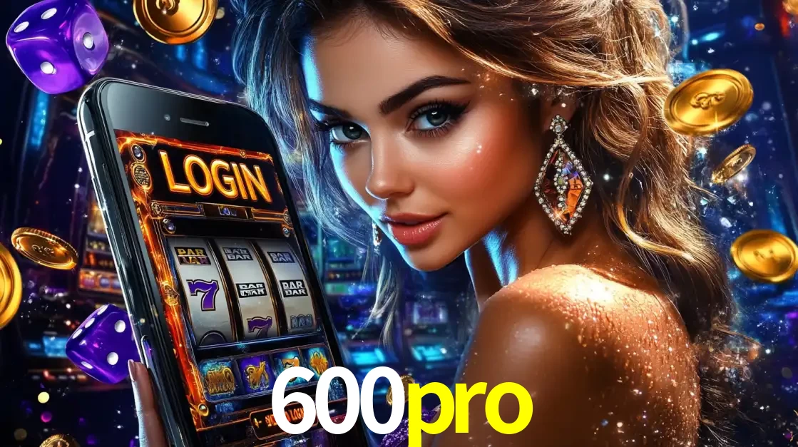 Mulher glamorosa segurando um smartphone com a tela de login para os jogos de caça-níqueis do cassino online 600pro, com moedas de ouro e dados ao redor.