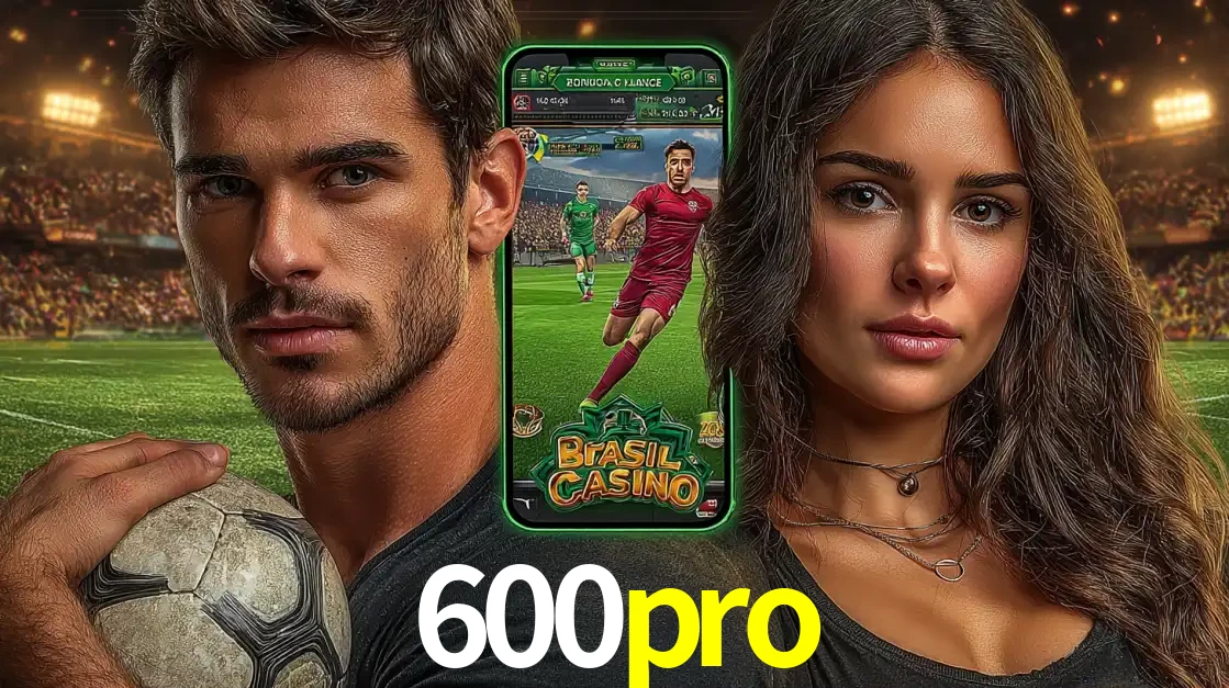 Homem segurando uma bola de futebol e uma mulher ao lado de um smartphone exibindo o jogo de apostas esportivas da 600pro. Faça seu palpite no cassino online.